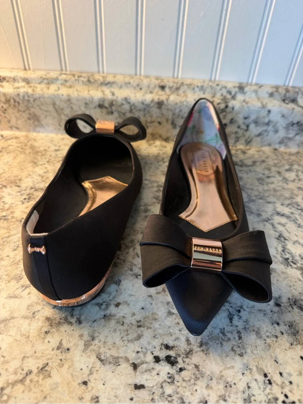 Ted Baker London Black Pointed Ballet Flats with Rose Gold Bow Accent Size 38